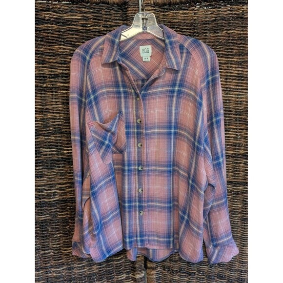 BDG Plaid Keanu Button Up Flannel Shirt Women's Medium Pink Blue Oversized Boho - Picture 1 of 7